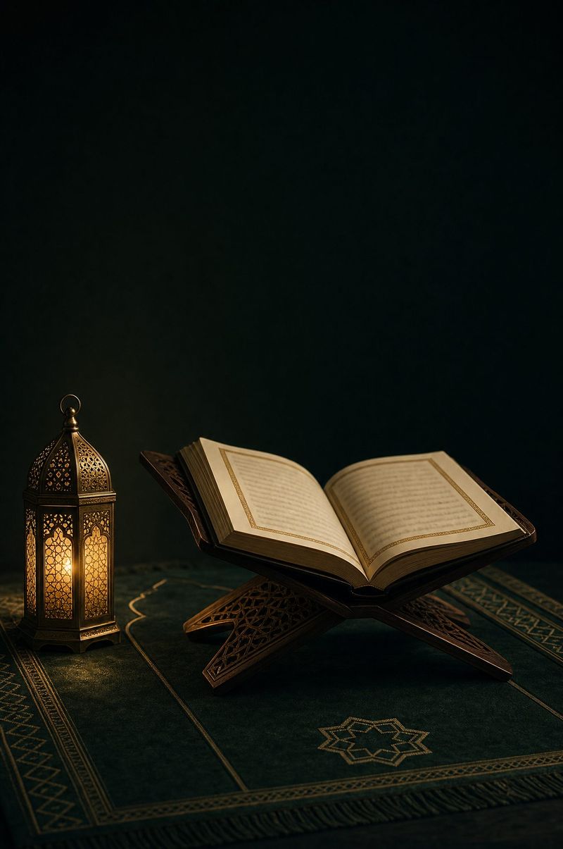 An open Qur’an on a carved wooden stand, lit by a lantern at night.