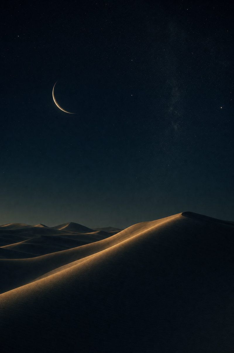A crescent moon over dark desert dunes.
