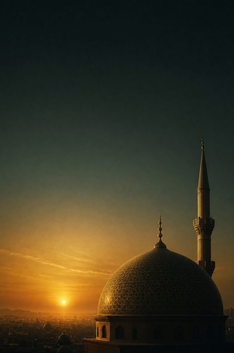 A mosque silhouetted against a golden dusk sky.
