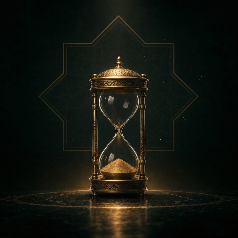 A golden hourglass glowing in the dark.